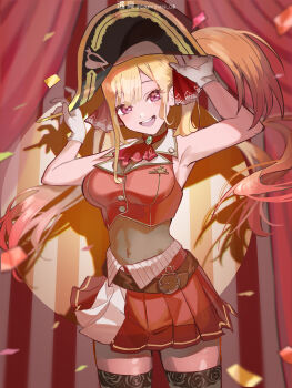 1girl absurdres armpits blonde_hair commentary_request confetti cosplay curtains gloves gradient_hair hands_up hat highres hololive houshou_marine houshou_marine_(cosplay) kitagawa_marin long_hair looking_at_viewer multicolored_hair name_connection open_mouth pink_hair pirate_hat pleated_skirt red_skirt red_vest skirt smile solo sono_bisque_doll_wa_koi_wo_suru tomayuki_09 twintails vest white_gloves