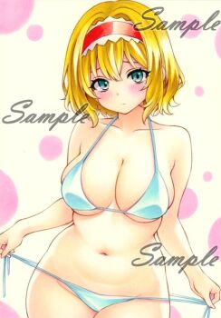 1girl alice_margatroid bikini bikini_bottom_pull blonde_hair blush breasts cleavage closed_mouth commentary_request green_eyes hairband large_breasts looking_at_viewer miyakooo0420 navel pulling_own_clothes red_hairband sample_watermark short_hair solo swimsuit teasing touhou watermark white_background white_bikini