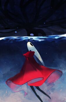 1girl 1other absurdres arthropod_girl black_eyes black_skin cloak colored_skin commentary empty_eyes highres hollow_eyes hollow_knight horned_mask hornet_(hollow_knight) knight_(hollow_knight) looking_up mask red_cloak sunmk_s2 symbol-only_commentary tentacles underwater white_eyes white_mask
