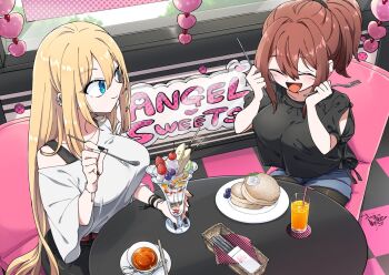 2girls :d ^_^ belt black_pants black_pantyhose black_shirt blonde_hair blue_eyes blush bra_strap breakfast breasts brown_hair cafe closed_eyes commission cup denim denim_shorts drinking_straw dutch_angle earclip food fork from_above fruit hair_between_eyes hair_intakes holding holding_fork holding_knife holding_spoon ice_cream juice knife large_breasts long_hair multiple_girls open_mouth orange_juice original pancake pants pantyhose ponytail red_belt sakuma_gin_maru_sakuma shirt shorts sidelocks signature single_shoulder_shirt sitting skeb_commission smile spoon straight_hair table tea teacup tented_shirt very_long_hair white_shirt
