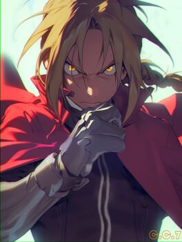 1boy ai-assisted angry blonde_hair braid charliecat700 clip_studio_paint_(medium) closed_mouth coat edward_elric fullmetal_alchemist highres looking_at_viewer male_focus midjourney prosthesis red_coat solo upper_body white_background yellow_eyes