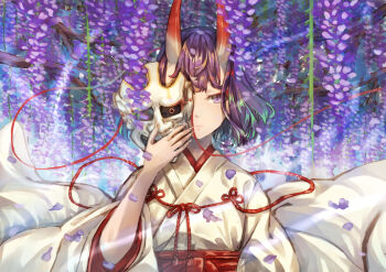 1girl commentary_request fate/grand_order fate_(series) flower holding holding_mask horns japanese_clothes kimono kinoko_(shikimylove) mask miko oni_mask plant purple_eyes purple_hair short_hair shuten_douji_(fate) string upper_body vines wisteria