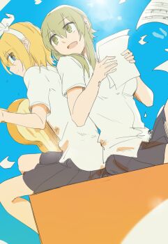 2girls back-to-back black_skirt blonde_hair blue_eyes blue_sky bow breasts commentary_request green_eyes green_hair guitar gumi hair_bow hairband highres instrument kagamine_rin light_rays looking_at_another medium_breasts medium_hair multiple_girls on_bench open_mouth pleated_skirt sheet_music shirt short_hair short_sleeves shorts side_slit side_slit_shorts sitting skirt sky smile split_mouth sun vocaloid white_bow white_hairband white_shirt wounds404 yuri