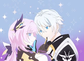 1boy 1girl ahoge black_coat black_gloves blue_eyes breasts coat corset elf elysia_(honkai_impact) elysia_(miss_pink_elf)_(honkai_impact) gloves hair_ornament hashtag-only_commentary hetero highres honkai_(series) honkai_impact_3rd jutathip_ariel kevin_kaslana large_breasts long_hair looking_at_another pink_hair pointy_ears short_hair smile star_(symbol) star_symbol_background twitter_username two-tone_background very_long_hair white_corset white_hair
