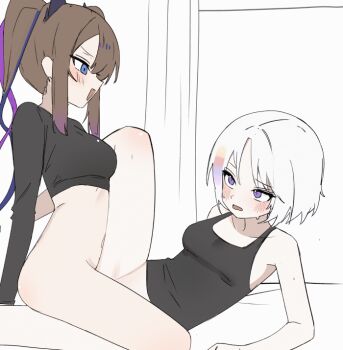 2girls airi_kanna animated animated_gif ayatsuno_yuni bare_shoulders black_camisole black_shirt blue_eyes blue_hair blush bottomless breasts camisole commentary_request just_0012 korean_commentary long_hair long_sleeves looking_at_another medium_breasts multicolored_hair multiple_girls open_mouth purple_eyes purple_hair shirt short_hair smile stellive streaked_hair tribadism white_hair yuri