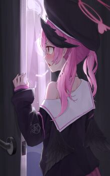 Rule 34 | 1girl, absurdres, backlighting, beret, black choker, black hat, black shirt, black wings, blue archive, blush, choker, commentary, eyelashes, feathered wings, from behind, hair between eyes, halo, hand up, hat, head wings, highres, koharu (blue archive), long hair, looking ahead, low wings, nose blush, open door, open mouth, peeking, pink hair, pink halo, profile, red eyes, sailor collar, school uniform, serafuku, shirt, single bare shoulder, sleeves past wrists, solo, trinity general school logo, twintails, ubeuna, upper body, v-shaped eyebrows, voyeurism, white sailor collar, wings