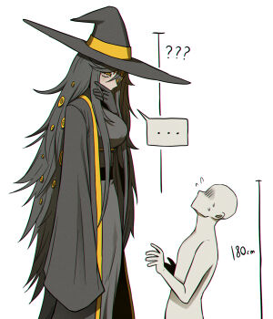 ... 1boy 1girl big_bird_(project_moon) black_coat black_dress black_hair closed_eyes coat commentary_request covered_mouth covering_own_mouth dress extra_eyes faceless faceless_male flying_sweatdrops hand_over_own_mouth hat height_difference highres korean_commentary lobotomy_corporation long_hair long_sleeves misg1111 personification project_moon ringed_eyes simple_background spoken_ellipsis tall_female wide_sleeves witch_hat yellow_eyes