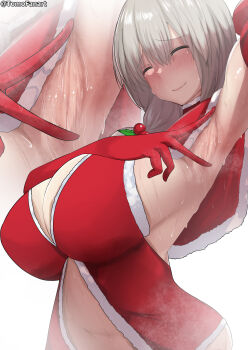 1girl absurdres arm_up armpits babydoll bare_shoulders breasts capelet cherry_blossoms cleavage closed_eyes closed_mouth collarbone elbow_gloves gloves grey_hair highres huge_breasts large_breasts long_hair mature_female midriff navel santa_costume smile solo spread_armpit standing stomach sweat tomodachi_(tomofanart) uzaki-chan_wa_asobitai! uzaki_tsuki