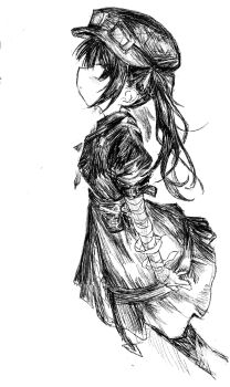 Rule 34 | 1girl, bandaged arm, bandages, closed mouth, dress, expressionless, feet out of frame, from side, goggles, goggles on headwear, greyscale, hashtag-only commentary, hat, highres, jacket, kurobe nanoka, long hair, long sleeves, looking at viewer, mahou shoujo no majo saiban, monochrome, profile, reitoubeef, short sleeves, simple background, solo, standing, twintails, white background