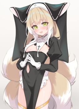 1girl alternate_costume arknights blonde_hair blush breasts clothing_cutout commentary_request cowboy_shot fox_tail furrowed_brow gloves highres interlocked_fingers long_sleeves looking_at_viewer multiple_tails navel navel_cutout no_bra nun open_mouth own_hands_clasped own_hands_together paid_reward_available pelvic_curtain simple_background small_breasts smile solo suzuran_(arknights) tail tareme thighhighs variant_set white_background white_gloves white_thighhighs yakurope-moko