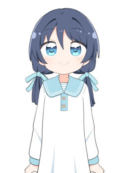 1girl aged_down blue_eyes blue_hair blue_ribbon child closed_mouth collared_dress commentary contrast_collar dress hair_ribbon highres link!_like!_love_live! long_sleeves love_live! low_twintails miyamaki mole mole_on_neck murano_sayaka ribbon rounded_collar shirt simple_background smile solo split_mouth straight-on twintails virtual_youtuber white_background white_shirt