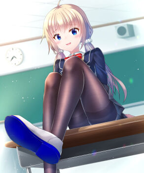 1girl absurdres ahoge analog_clock arm_support black_skirt blonde_hair blue_eyes blue_jacket blurry blurry_background blush bow bowtie brown_pantyhose cardigan ceiling chalkboard classroom clock commentary desk dot_nose dutch_angle from_below getsuyoshi hair_ornament hair_scrunchie highres itsumura_haruka jacket leg_focus leg_up legs long_hair looking_at_viewer on_desk open_mouth pantyhose re:stage! red_bow red_bowtie school_uniform scrunchie shoes sitting skirt smile solo speaker striped_bow striped_bowtie striped_clothes tile_ceiling tiles wall_clock white_scrunchie white_shoes yellow_cardigan