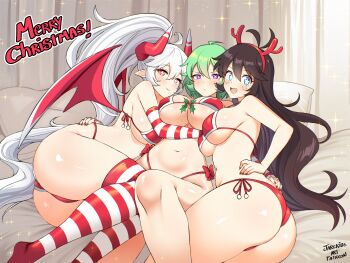 3girls absurdres black_hair blue_eyes blush bra breasts character_request commentary copyright_request english_commentary fake_antlers green_hair hairband highres jarckius long_hair looking_at_viewer multiple_girls navel open_mouth panties ponytail purple_eyes red_bra red_eyes red_hairband red_panties red_socks red_wings smile socks striped_clothes striped_socks underwear white_hair white_socks wings