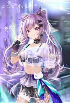 1girl \||/ alternate_costume artist_name asymmetrical_gloves black_bra black_choker black_gloves black_skirt bow bow_earrings bra bra_visible_through_clothes butterfly_hair_ornament choker collarbone commentary_request cone_hair_bun corrupted_twitter_file cowboy_shot diamond-shaped_pupils diamond_(shape) double_bun ear_piercing earrings floating_screen flower_choker frilled_straps genshin_impact gloves grin hair_bun hair_ornament hand_up highres jewelry keqing_(genshin_impact) layered_skirt long_hair looking_at_viewer midriff mismatched_gloves off-shoulder_shirt off_shoulder piercing plaid_clothes plaid_skirt purple_eyes purple_hair purple_skirt ring_hair_ornament see-through_clothes see-through_gloves see-through_shirt see-through_skirt shirt short_sleeves single_fishnet_legwear skirt smile solo standing symbol-shaped_pupils translation_request underwear white_gloves x_hair_ornament zhaizhai_wudong_xiaoyu_binggan