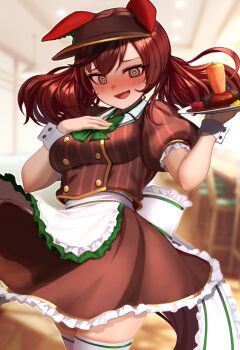 1girl @_@ animal_ears apron blurry blurry_background blush bow bowtie breasts brown_eyes brown_hair brown_shirt brown_skirt carrot_hamburger_steak commentary_request ear_covers embarrassed employee_uniform frilled_apron frilled_skirt frilled_sleeves frills green_bow green_bowtie hand_on_own_chest highres holding holding_tray horse_ears horse_girl horse_tail hoshikuzu_kizuna_(kizuna_stardust) long_hair looking_at_viewer medium_breasts multicolored_hair nice_nature_(umamusume) nose_blush open_mouth puffy_short_sleeves puffy_sleeves restaurant shirt short_sleeves skirt smile solo streaked_hair striped_clothes striped_shirt tail thighhighs thighs tray twintails umamusume vertical-striped_clothes vertical-striped_shirt visor_cap waist_apron white_apron white_thighhighs
