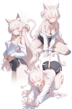 1girl absurdres akira_(blue_archive) alternate_costume animal_ear_fluff animal_ears bare_shoulders black_shorts blue_archive blush breasts cat_ears cat_girl cat_stretch cat_tail colored_eyelashes commentary dolphin_shorts hair_between_eyes hair_intakes half_updo halo highres indian_style long_hair long_sleeves looking_at_viewer medium_breasts mellow_(srpp4843) multiple_views navel no_bra off-shoulder_shirt off_shoulder one_eye_closed red_eyes see-through_silhouette shirt short_shorts shorts simple_background sitting smile stretching untranslatable_commentary tail thighs top-down_bottom-up white_background white_hair white_halo white_shirt