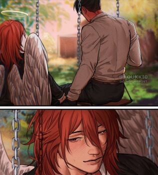 2boys angel angel_devil_(chainsaw_man) angel_wings belt black_gloves black_hair black_jacket black_pants brown_belt chainsaw_man collared_shirt commentary english_commentary gloves hair_between_eyes halo highres holding_hands jacket long_hair male_focus multiple_boys neck_blush on_swing pants shirt shirt_tucked_in short_hair sitting suit_jacket swing traditional_halo white_shirt white_wings wings yaoi yukaero4