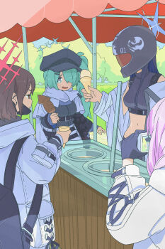 4girls absurdres aqua_hair arius_squad_(blue_archive) atsuko_(blue_archive) backpack bag barbell_piercing black_gloves black_hair blue_archive blue_hair blue_halo breasts brown_hair camera cloak coat coat_partially_removed colored_inner_hair commentary crop_top day digital_camera ear_piercing english_commentary food food_stand gloves hair_over_one_eye halo hat helmet highres hiyori_(blue_archive) holding holding_camera holding_ice_cream_cone hood hooded_jacket ice_cream ice_cream_cone ice_cream_stand ikayaki industrial_piercing jacket long_hair mask mask_pull misaki_(blue_archive) motorcycle_helmet mouth_mask multicolored_hair multiple_girls newsboy_cap open_mouth outdoors piercing purple_hair red_halo saori_(blue_archive) shimotsu. short_hair side_ponytail tree two-tone_hair white_cloak white_coat white_jacket