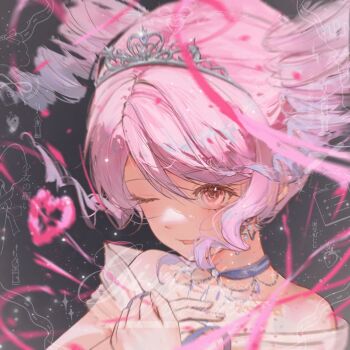 1girl bare_shoulders black_background brown_eyes chinese_commentary choker colored_tips commentary_request commission dot_nose dress drill_hair earrings eyelashes fingernails floating_hair hair_between_eyes hand_on_own_chest happy heart infinity_nikki jewelry jintiandeqizuizuogerenlema light_blush light_particles looking_ahead multicolored_hair nikki_(nikki) nikki_(series) off-shoulder_dress off_shoulder one_eye_closed open_mouth own_hands_together petals pink_hair pink_ribbon purple_choker purple_hair ribbon sample_watermark see-through_clothes see-through_sleeves short_hair short_sleeves short_twintails sidelocks smile solo star_(symbol) star_earrings starlit_celebration_(infinity_nikki) tiara too_many_watermarks twin_drills twintails two-tone_hair upper_body watermark white_dress wind