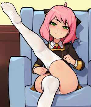 1girl adjusting_clothes adjusting_legwear ahoge anya_(spy_x_family) black_dress blush closed_mouth collared_shirt commentary couch dress eden_academy_school_uniform english_commentary feet foot_out_of_frame gold_trim green_eyes hairpods highres indoors kneepits leg_up legs loli long_sleeves loodncrood looking_at_viewer medium_hair neckerchief no_shoes on_couch panties pink_hair red_neckerchief school_uniform bad_tag shadow shirt sitting smile smug soles solo spy_x_family thighhighs thighs toes underwear white_panties white_shirt white_thighhighs