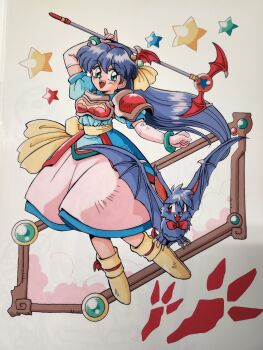 1girl animal arm_up bat_(animal) blue_shirt boots bow bowtie bracelet chest_guard clothed_animal elbow_gloves fangs flying full_body gloves green_eyes hair_bow hairband head_wings highres holding holding_staff jewelry kokomahi long_hair looking_at_viewer open_mouth original puffy_short_sleeves puffy_sleeves purple_hair red_bow red_bowtie red_eyes red_hairband red_wings sash shirt short_sleeves single_shoulder_pad skirt smile staff star_(symbol) very_long_hair white_gloves white_skirt wings yellow_boots yellow_bow yellow_sash