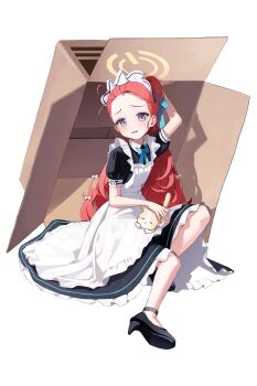 1girl absurdres animal apron black_dress black_shoes blue_archive blue_bow blue_bowtie blush borrowed_clothes bow bowtie box cardboard_box cat dress forehead frilled_apron frilled_dress frills full_body hair_bow hallo_(rltkdydrltk) halo high_heels highres in_box in_container long_hair looking_at_viewer maid maid_apron maid_headdress official_alternate_costume ponytail puffy_short_sleeves puffy_sleeves purple_eyes red_hair ribbon shoes short_sleeves simple_background sitting solo white_apron white_background yellow_halo yuzu_(blue_archive) yuzu_(maid)_(blue_archive)