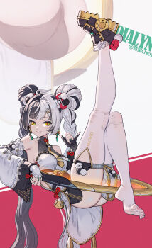 1girl absurdres ahoge braid braided_twintails chinese_clothes commentary_request dialyn_(zenless_zone_zero) dress feet full_body hair_bun hair_ornament hairclip highres huixing_chloy looking_at_viewer multicolored_hair panda_hair_ornament shaka_sign smile thighhighs thighs two-tone_hair white_dress white_thighhighs yellow_eyes zenless_zone_zero