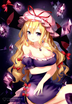 Rule 34 | 1girl, absurdres, arm under breasts, bare shoulders, blonde hair, bow, breasts, cleavage, closed mouth, crystal, dress, earrings, gap (touhou), gem, hair bow, hat, hat ribbon, highres, jewelry, long hair, looking at viewer, medium breasts, mimi (mimi puru), mob cap, necklace, off-shoulder dress, off shoulder, pink hat, purple dress, purple gemstone, red bow, red ribbon, ribbon, smile, solo, third-party source, touhou, very long hair, yakumo yukari