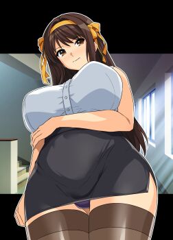 1girl absurdres alternate_hair_length_(longer) arms_under_breasts black_skirt breasts brown_eyes brown_hair brown_thighhighs butotns commentary_request from_below haruhisky highres huge_breasts indoors long_hair official_alternate_hairstyle panties pantyshot pencil_skirt purple_panties shirt skirt sleeveless sleeveless_shirt solo stairs standing suzumiya_haruhi suzumiya_haruhi_no_shoushitsu suzumiya_haruhi_no_yuuutsu thick_thighs thighhighs thighs underwear variant_set very_long_hair white_shirt window