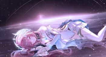 Rule 34 | 1girl, absurdres, aemeath (wuthering waves), ahoge, bare shoulders, breasts, cleavage, closed mouth, commentary, covered navel, elbow gloves, gloves, hair ornament, highres, holding, holding paper airplane, korean commentary, large breasts, leotard, long hair, looking at viewer, lying, maltese (maltie00), mole, mole on shoulder, on side, orange eyes, paper airplane, pink hair, reflection, showgirl skirt, skirt, smile, solo, star-shaped pupils, star (symbol), strapless, strapless leotard, symbol-shaped pupils, tacet mark (wuthering waves), tearing up, thighs, white gloves, white leotard, white skirt, wuthering waves