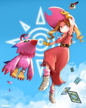 Rule 34 | 1girl, artist name, beak, blue sky, brown eyes, brown gloves, brown hair, card, day, digimon, digimon (creature), digimon adventure, dress, gloves, green eyes, hat, highres, outdoors, pink hat, pink socks, piyomon, red dress, shoes, sidelocks, sinobali, sky, socks, tachikawa mimi, white shoes