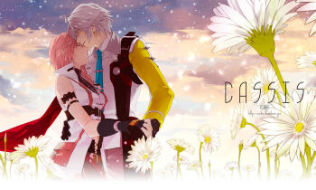 10s 1boy 1girl couple final_fantasy final_fantasy_xiii final_fantasy_xiii-2 flower hetero holding_hands hope_estheim bad_tag lightning_farron pink_hair rioko silver_hair white_hair