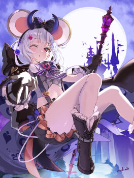 Rule 34 | 1girl, ;o, absurdres, animal ears, bat (animal), black boots, black gloves, black shorts, blowing kiss, boots, castle, commentary request, fake animal ears, fake horns, frilled shorts, frills, full moon, gloves, granblue fantasy, highres, holding, holding scepter, horns, jack-o'-lantern, looking at viewer, michikusa (bells michi), moon, mouse ears, navel, night, one eye closed, red eyes, scepter, shorts, solo, suspenders, thighs, twitter username, vikala (granblue fantasy), vikala (halloween) (granblue fantasy), white hair