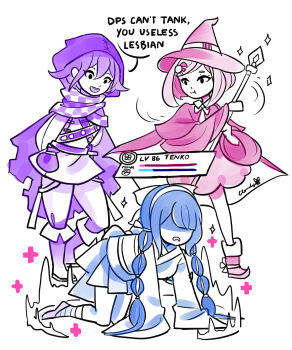 1boy 2girls :t arms_behind_back bob_cut boots braid cape chabashira_tenko checkered_clothes checkered_scarf closed_mouth cloudytian commentary commentary_request danganronpa_(series) danganronpa_v3:_killing_harmony english_commentary english_text eyelashes hair_ornament hands_on_ground hat health_bar highres holding holding_staff kneeling limited_palette long_hair long_sleeves mage_staff multiple_girls oma_kokichi open_mouth plus_sign scarf shaded_face short_hair signature simple_background skirt smile speech_bubble staff standing teeth twin_braids twintails upper_teeth_only white_background witch_hat yumeno_himiko