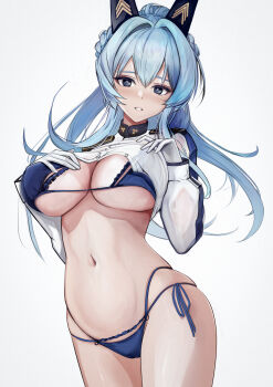 Rule 34 | 1girl, 462vvv, absurdres, bikini, blue bikini, blue eyes, blue hair, breasts, cleavage, clothes lift, gloves, goddess of victory: nikke, grin, hair ornament, helm (aqua marine) (nikke), helm (nikke), high ponytail, highres, large breasts, long hair, parted lips, ponytail, shirt lift, simple background, smile, solo, swimsuit, very long hair, white background, white gloves