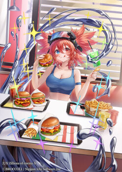 1girl alicia_zinnia_goodwill blue_eyes breasts burger chabaneko cleavage closed_mouth copyright_notice crop_top cup disposable_cup drinking_straw fast_food food food_on_face french_fries goggles goggles_on_head grey_pants hair_between_eyes heterochromia highres holding holding_burger holding_food indoors large_breasts medium_hair official_art pants red_eyes slime_(creature) solo table tongue tongue_out two_side_up z/x