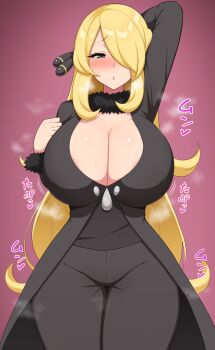 1girl aikome_(haikome) alternate_breast_size_(larger) areola_slip black_coat black_pants black_shirt blonde_hair blush breasts breath cleavage coat cowboy_shot curvy cynthia_(pokemon) fur-trimmed_sleeves fur_collar fur_trim grey_eyes groin hair_ornament hair_over_one_eye half-closed_eyes highres huge_breasts long_hair nintendo pants parted_lips pokemon pokemon_dppt shirt solo sweat thigh_gap very_long_hair