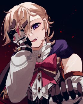 Rule 34 | 1boy, :d, bare shoulders, black background, black capelet, black gloves, blonde hair, bow, bowtie, brown bow, brown bowtie, buttons, capelet, center frills, commentary request, covering one eye, detached sleeves, frilled shirt collar, frills, genshin impact, gloves, gradient background, hand on own face, hand up, head tilt, highres, long sleeves, looking at viewer, lyney (genshin impact), male focus, multicolored gloves, multicolored hair, nekorin chu, one eye covered, open mouth, outstretched arm, parted bangs, purple eyes, red background, red bow, red bowtie, red streaks, shirt, short hair, sleeveless, sleeveless shirt, smile, solo, streaked hair, swept bangs, teeth, two-tone gloves, upper body, upper teeth only, watermark, white gloves, white shirt, white sleeves