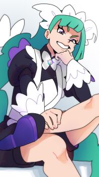 1girl actuallyrea apron black_romper blunt_bangs bow bowtie braid braided_ponytail green_hair head_rest highres juliet_sleeves lebanne_(pokemon) long_braid long_hair long_sleeves maid maid_apron maid_headdress mega_stone nintendo pink_lips pokemon pokemon_legends:_z-a puffy_sleeves romper tsurime v-shaped_eyebrows white_bow white_bowtie