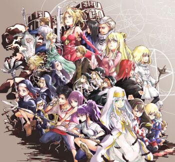 4boys 6+girls :&gt; :d acqua_of_the_back age_difference agnese_sanctis angelene animal_hat aqua_dress aqua_gloves ascalon ascot asymmetrical_clothes barcode barcode_tattoo bare_arms bare_shoulders bat_wings bayloupe belt black_dress black_feathers black_hair black_hat black_necktie black_robe blonde_hair blue_dress blue_eyes blue_pants boots bow braid breasts brown_belt brown_hair brown_jacket brown_vest card carissa castle cat_hat chalk child cigarette claws cleavage closed_mouth collarbone collared_shirt commentary cross crown curtana dark-skinned_female dark_skin demon_tail denim dress elbow_gloves elizard ellis_(toaru) everyone facial_tattoo facing_to_the_side falling_feathers fantasy feathers fighting_stance floating_card floris friulian_spear gloves gold_crown golem green_eyes green_gloves green_hair grey_background grey_hair grin guimpe hair_between_eyes hair_ribbon hairband half-closed_eyes hand_up hands_up hat hat_bow holding holding_card holding_chalk holding_polearm holding_sheath holding_staff holding_sword holding_weapon huge_weapon index_(toaru_majutsu_no_index) itsuwa jacket jane_elves jeans jewelry kanzaki_kaori katana knee_boots knight_leader lancis laura_stuart leivinia_birdway lessar long_dress long_hair long_sidelocks long_sleeves looking_at_viewer looking_to_the_side lotus_wand lucia_(toaru_majutsu_no_index) magic magic_circle mariebeth_blackball marye_spearhead mechanical_tail mechanical_wings medium_breasts medium_dress medium_hair messy_hair mini_crown miniskirt mother_and_daughter multicolored_hair multiple_boys multiple_girls nappa_(parodymarket) necklace necktie nun old old_woman open_clothes open_jacket open_mouth orsola_aquinas over_shoulder own_hands_together pants parted_lips pentagram pentagram_print pink_robe pink_tank_top platform_sandals polearm ponytail pouch priest princess purple_hair queen ready_to_draw red_dress red_eyes red_gloves red_hair red_hairband red_thighhighs ribbon rimea robe safety_pin sandals sheath sheathed sherry_cromwell shichiten_shichitou shirt shoes short_dress short_hair short_sleeves shorts siblings sidelocks silver_crown single_pantsleg sisters skirt sleeveless sleeveless_dress smile sneakers spear spiked_hair staff star_(symbol) star_print stiyl_magnus straight_hair striped_clothes striped_thighhighs sword sword_over_shoulder tail tank_top tatemiya_saiji tattoo thighhighs toaru_majutsu_no_index toaru_majutsu_no_index:_endymion_no_kiseki toaru_majutsu_no_index:_old_testament tongue tongue_out trident twin_braids two-tone_hair two-tone_thighhighs united_kingdom unlit_cigarette_in_mouth v v-neck v-shaped_eyebrows vest villian_(toaru_majutsu_no_index) wand_of_swords_and_cups_(toaru) wavy_hair weapon weapon_over_shoulder white_ascot white_bow white_dress white_gloves white_ribbon white_robe white_shirt white_shorts white_thighhighs wings witch witch_hat