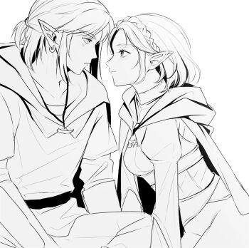 1boy 1girl braid breasts cloak crown_braid earrings hair_tie highres hood hood_down hooded_cloak jewelry juliet_sleeves leaning_forward light_blush link long_sleeves looking_at_another medium_breasts nintendo parted_bangs pointy_ears ponytail princess_zelda puffy_sleeves roggu_o_o short_hair short_ponytail sidelocks the_legend_of_zelda the_legend_of_zelda:_breath_of_the_wild tunic upper_body white_background