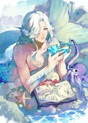 Rule 34 | 1boy, animal, bishounen, blue background, blue eyes, blue hair, blue nails, blue scales, book, crab, fingernails, fins, glass slipper, hair over one eye, hands up, head fins, highres, himawariyuubin, holding, holding shoes, long hair, male focus, merman, monster boy, octopus, on rock, original, outdoors, parted lips, partially submerged, rock, scales, sharp fingernails, shoes, solo, starfish, unworn footwear, water