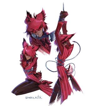 1boy alastor_(hazbin_hotel) animal_ears antlers arms_up black_hair bow bowtie brown_pants colored_sclera cropped_legs deer_antlers deer_boy deer_tail grin hazbin_hotel hellaverse highres horns jacket male_focus multicolored_hair pants perchik red_eyes red_hair red_jacket red_sclera restrained sharp_teeth short_hair simple_background smile striped_clothes striped_jacket tail teeth torn_clothes torn_jacket two-tone_hair white_background