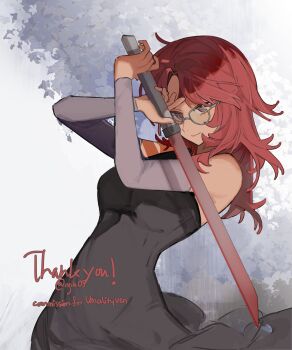 1girl absurdres bare_shoulders black_dress breasts brown_eyes commentary commission cowboy_shot detached_sleeves dress english_commentary english_text glasses highres holding holding_sword holding_weapon long_hair looking_at_viewer medium_breasts ngik_05 original red_hair sleeveless sleeveless_dress smile solo sword thank_you twitter_username weapon