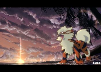 Rule 34 | animal focus, arcanine, beach, cloud, cloudy sky, fang, gen 1 pokemon, letterboxed, nintendo, no-goku (penicillium), no humans, open mouth, orange eyes, outdoors, palm tree, pokedex number, pokemon, pokemon (creature), scenery, sky, striped fur, sunset, tree, wading, water drop