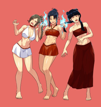 3girls abs absurdres avatar:_the_last_airbender avatar_legends azula bags_under_eyes bandeau bare_legs barefoot bikini bikini_skirt bikini_top_only black_hair blue_fire braid braided_ponytail breasts brown_hair cirenk cleavage collarbone double_bun element_bending evil_smile fire flaming_hand grabbing_another&#039;s_hair hair_bun halterneck highres holding_another&#039;s_hair large_breasts long_skirt mai_(avatar) messy_hair multiple_girls navel open_mouth pink_background pyrokinesis red_bandeau red_bikini single_braid single_hair_bun skirt smile standing stomach strapless swimsuit toes toned tube_top twintails ty_lee white_bikini