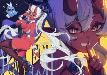 Rule 34 | 1girl, :d, akumi (yoclesh), black leotard, blue bow, blue bowtie, bow, bowtie, breasts, detached collar, finger to mouth, floating hair, grin, high heels, highres, horns, indie virtual youtuber, large breasts, leotard, long hair, multiple views, open mouth, see-through clothes, see-through thighhighs, shushing, skin-covered horns, smile, thighhighs, twintails, very long hair, virtual youtuber, white hair, yellow eyes, yoclesh