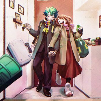 1boy 1girl aged_up all_might black_pants blush boku_no_hero_academia brown_hair character_charm charm_(object) closed_eyes coat commentary commentary_request couple english_commentary facial_scar formal_clothes freckles green_hair happy hetero hk_(nt) holding holding_charm holding_hands interlocked_fingers long_sleeves midoriya_izuku mixed-language_commentary official_alternate_design official_alternate_hairstyle open_mouth pants scar scar_on_cheek scar_on_face shirt short_hair sidelocks smile spiked_hair suit uraraka_ochako winter_clothes winter_coat