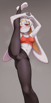 1girl animal_ears azuu_(azuucookie) blush breasts crop_top furry furry_female gen_8_pokemon headband highres looking_at_viewer midriff nintendo pants pokemon pokemon_(creature) rabbit_ears rabbit_girl raboot red_eyes red_tank_top small_breasts split standing standing_on_one_leg standing_split stirrup_legwear tank_top toeless_legwear yoga_pants