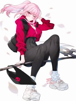 1girl absurdres arm_behind_head arm_up artist_name black_bag black_jacket black_pants blush bodysuit bodysuit_under_clothes breasts closed_mouth commentary_request ear_piercing full_body hand_on_weapon hanging_object highres hololive hololive_english hood hoodie jacket kamiya_maneki large_breasts long_hair long_sleeves looking_at_viewer mori_calliope on_weapon one_eye_closed padded_jacket pants piercing pink_eyes pink_hair pink_hoodie ponytail riding scythe shoes signature simple_background solo twitter_username virtual_youtuber white_background white_shoes